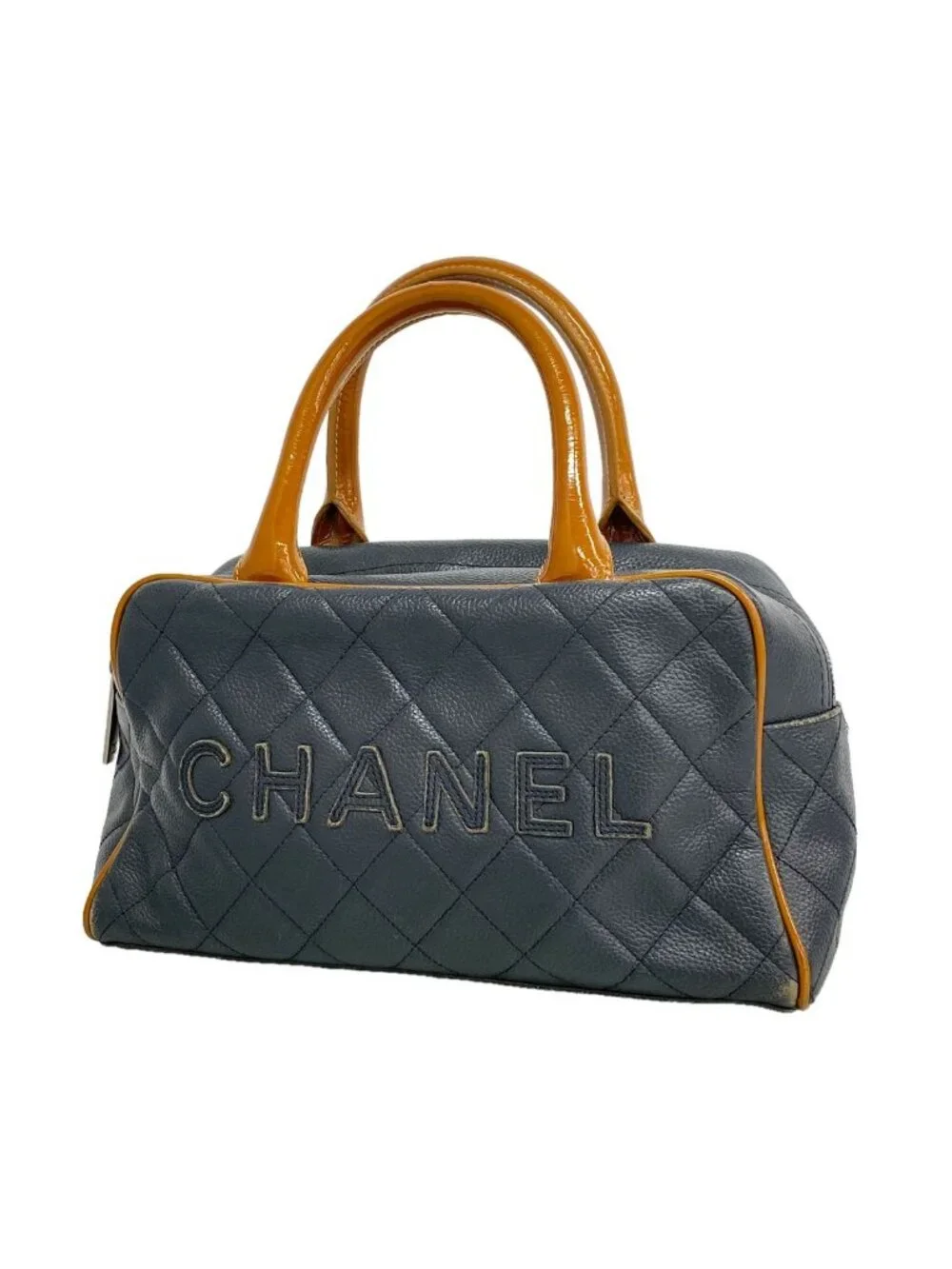 Chanel Handbag Quilted Patent Leather Navy Silver
